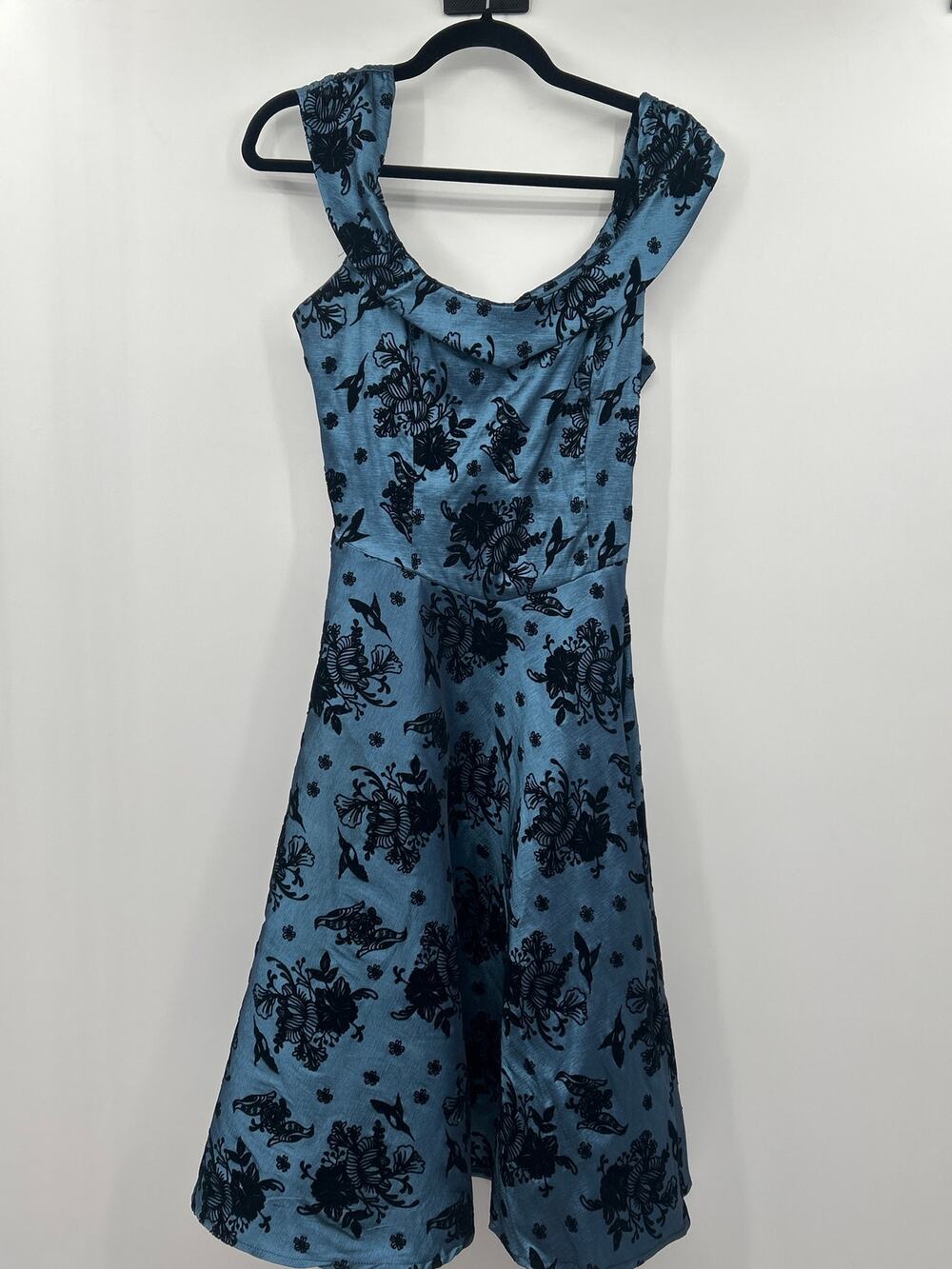 Voodoo Vixen Blue Black Floral Fit Flare Dress Rockabilly Pin Up Retro Large